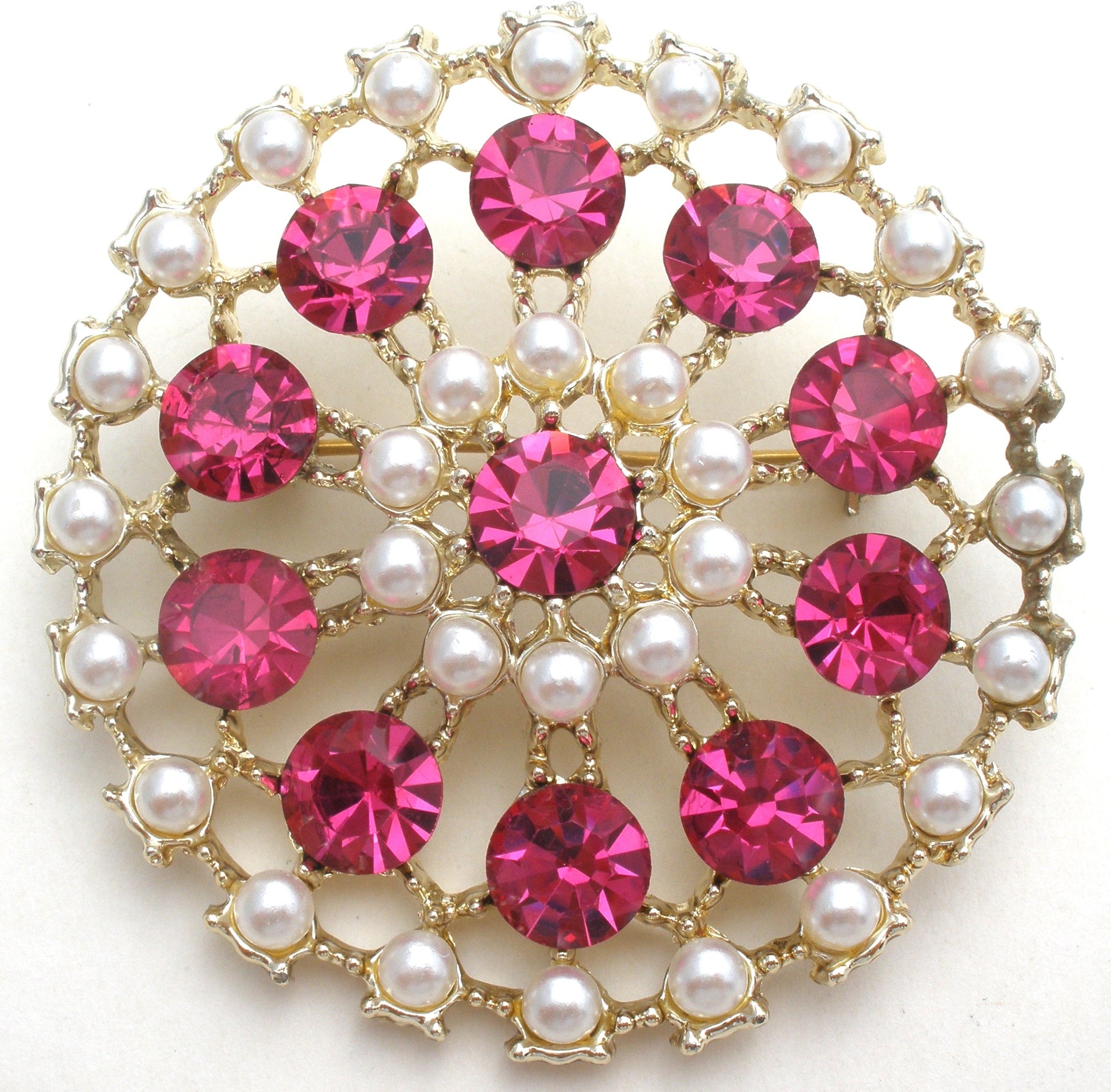 Fuchsia Pink & Pearl Brooch Pin Vintage - The Jewelry Lady's Store